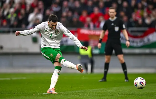 Troy Parrott of Republic of Ireland scores a penalty during the FIFA World Cup 2026 Group F Qualifier