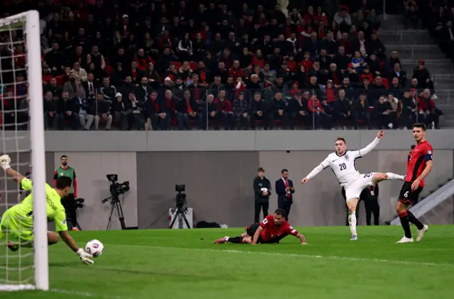 Thomas Strakosha of Albania saves a shot from Jarrod Bowen