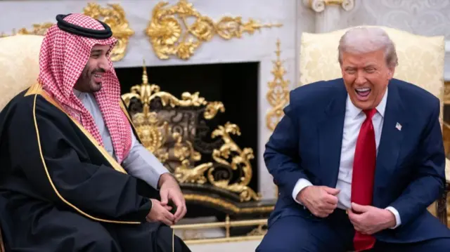 Donald Trump and Saudi Crown Prince Mohammed bin Salman laughing in the Oval Office.