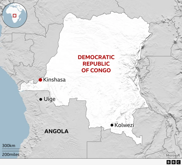 A map showing the Democratic Republic of Congo including the capital Kinshasa, Kolwezi where the aircraft crashed and Uige in Angola where it had flown from