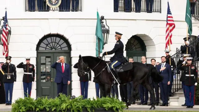 Trump salutes as a black horse with a rider in military uniform passes him. He's surrounded by military officers and politicians.