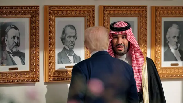 Trump and bin Salman chatting outside the Presidents Hall of Fame