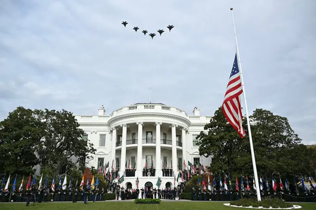 Six planes fly in an arrow shape above the White House