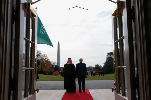 U.S. President Donald Trump and Saudi Crown Prince and Prime Minister Mohammed bin Salman watch a military flyover at the White House