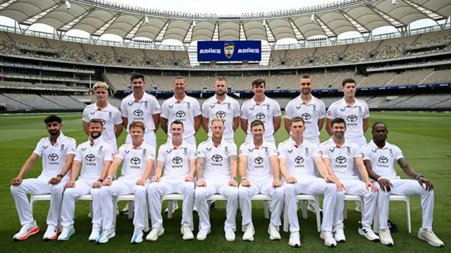 England cricket team pose for a squad photo inside Perth stadium