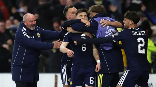 Scotland players celebrate with manager Steve Clarke