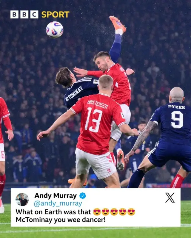 Andy Murray's tweet reading "What on earth was that. McTominay you wee dancer" - embedded over a picture of Scott McTominay's overhead kick.