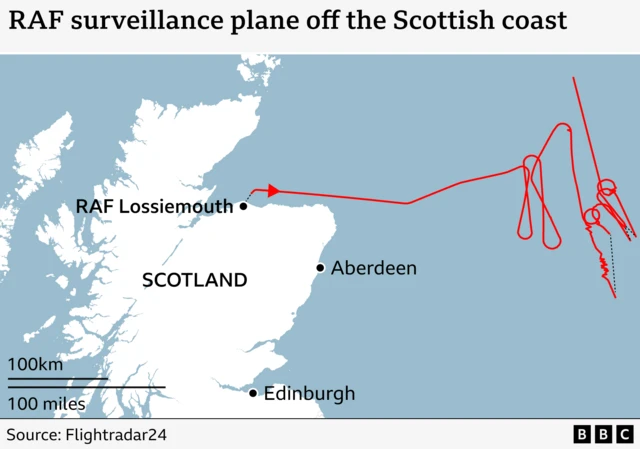Map of the flight path of the Poseidon P-8, it has been moving in circles over an area of the sea