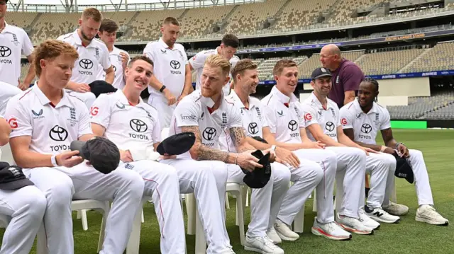 England cricket team joke around during preparation for a squad photo at Perth stadium