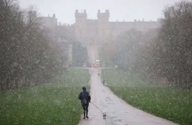 A person walks in the snow with their dog, with Windsor Castle in the background up ahead. The snow is not settling on the ground