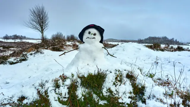 A snowman wearing a hat, with some grass coming through the snow on the ground