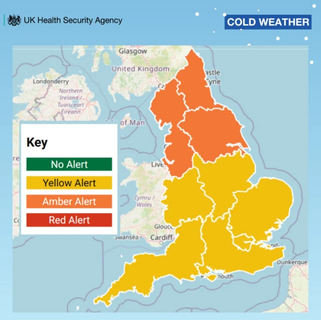 A map of the UK, showing the north of England under an orange cold health alert, with the rest of England yellow