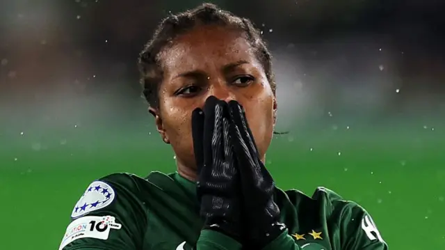 Beerensteyn puts her hand to her mouth after she goes close to a goal