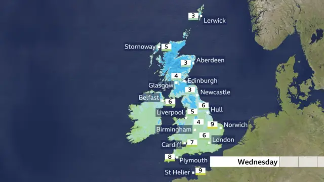 Weather forecast map for Wednesday showing temperatures ranging from 8C in Plymouth down to 3C in Newcastle, Aberdeen and Lerwick