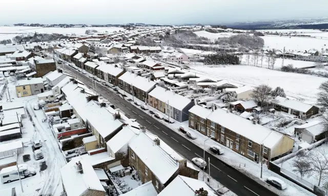 Houses and gardens covered in snow in a town