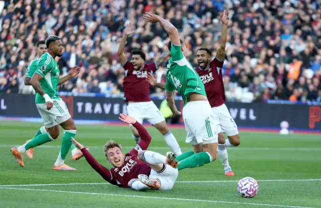 Jarrod Bowen on the floor in the penalty area