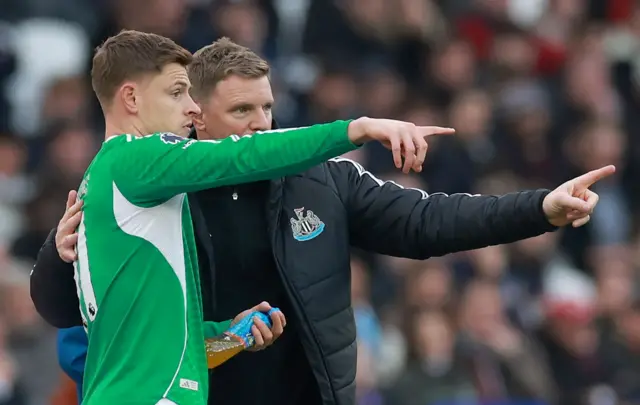 Harvey Barnes in discussion with Eddie Howe