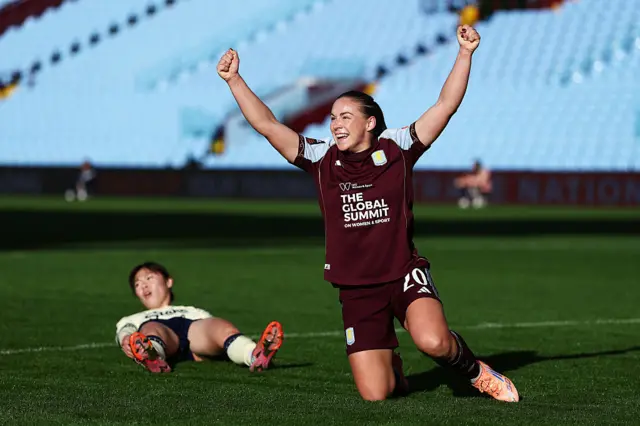 Kirsty Hanson of Aston Villa celebrates scoring her team's second goal during the Barclays Women's Super League match between Aston Villa and Everton at Villa Park on November 02, 2025 in Birmingham, England.