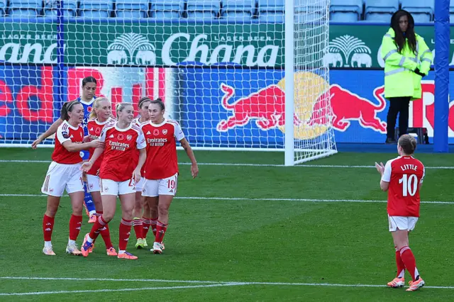 Players of Arsenal celebrate their team's second goal, an own goal scored by Sari Kees (not pictured) of Leicester City during the Barclays Women's Super League match between Leicester City and Arsenal at The King Power Stadium on November 02, 2025 in Leicester, England.
