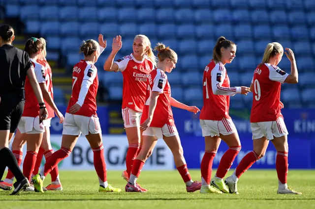 Stina Blackstenius of Arsenal celebrates scoring her team's fourth goal with teammate Steph Catley during the Barclays Women's Super League match between Leicester City and Arsenal at The King Power Stadium on November 02, 2025 in Leicester, England.