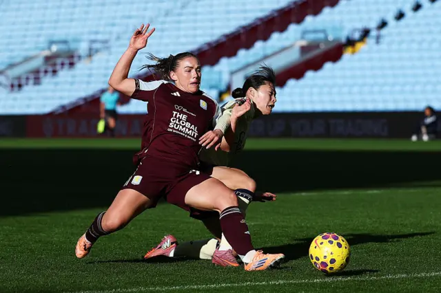 Kirsty Hanson of Aston Villa scores her team's second goal during the Barclays Women's Super League match between Aston Villa and Everton at Villa Park on November 02, 2025 in Birmingham, England.
