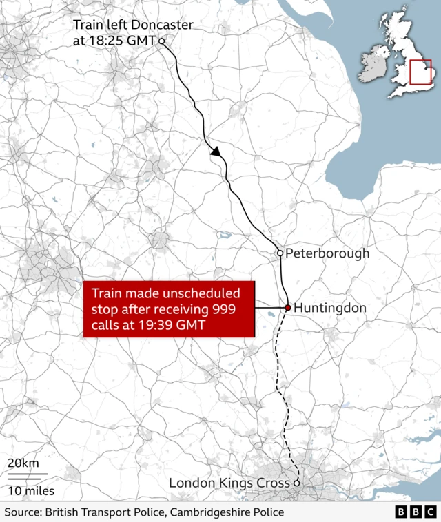 A BBC graphic showing a map of the train's journey from Doncaster to Huntingdon.