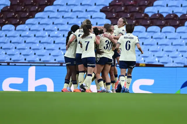 Players of Everton celebrate scoring an early goal during the Barclays Women's Super League match between Aston Villa and Everton at Villa Park on November 02, 2025 in Birmingham, England.