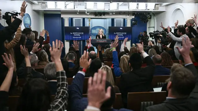 Karoline Leavitt takes questions in the White House briefing room