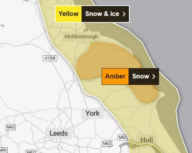 A Met Office map showing East Yorkshire covered in yellow to indicate an amber and yellow warning for snow and ice