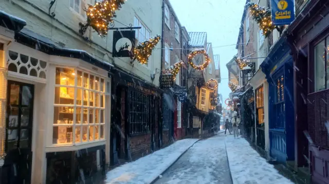 A snow covered street with christmas trees and lights on the front of the shops