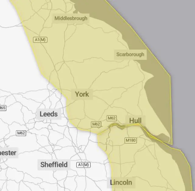 A close up of a map of Yorkshire. Parts are covered in yellow to indicate the areas affected by the warning.