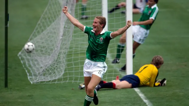 Billy Hamilton celebrates scoring for Northern Ireland against Austria at 1982 World Cup