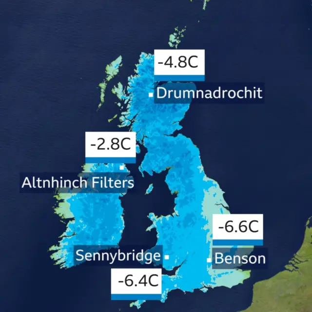 Map showing the coldest temperatures recorded in each UK region last night