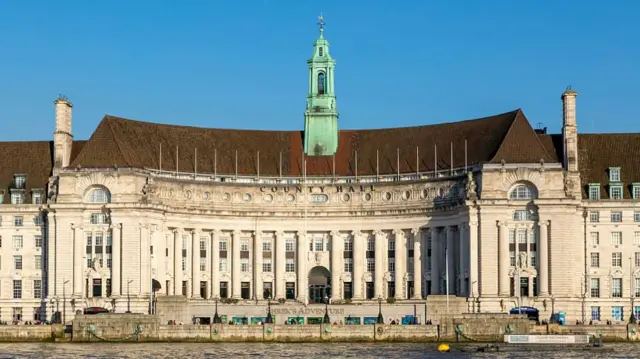 London County Hall exterior from the Thames