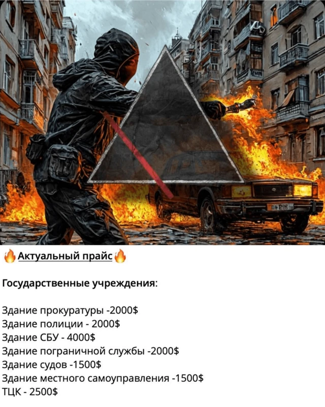 The top half of the image shows graphic illustration from a now-deleted sabotage recruitment channel on Telegram. A figure in black balaclava and clothes waves a petrol bomb on a city street in which a car and part of the road are already ablaze. In the foreground a large triangle symbol with a red line through it - the logo of the channel - has been imposed over the scene. The bottom half of the image shows an untranslated price list in Cyrillic text offering a scale of payments ranging from $1500 to $4000 for setting fire to different sorts of public and government buildings.