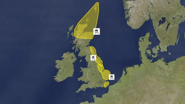 A map showing three yellow warnings for ice