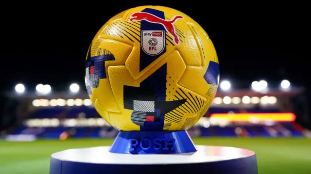 An EFL ball at the side of the pitch at Peterborough before the game with Stockport