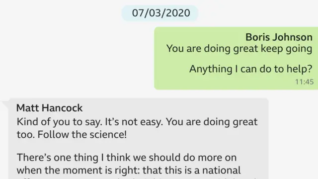 A copy of a WhatsApp exchange between Boris Johnson and Matt Hancock dated 7/3/20.