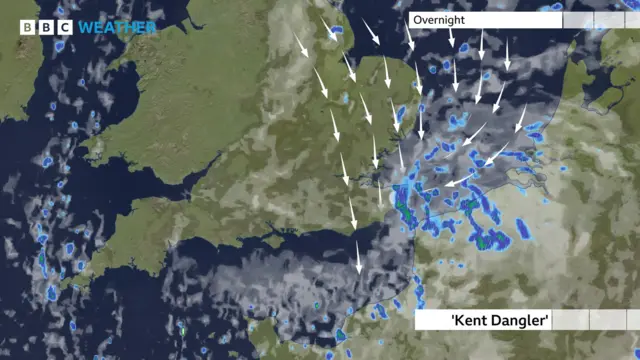 Graphic showing the Kent dangler over the English county of Kent. The coastline of mainland Europe is visible,
