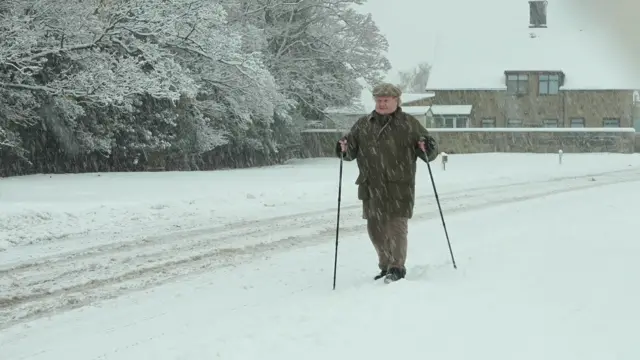 A person walks along a snow-covered road during active snowfall, using two trekking poles for support. They wear a green winter coat, beige trousers, and a flat cap.