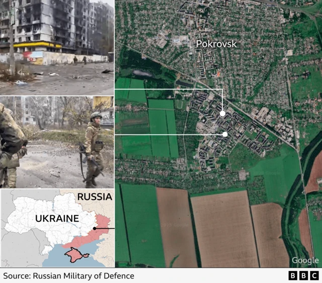A BBC graphic showing how we matched frames from the Russian MoD video (left) to places in the city of Pokrovsk (right)