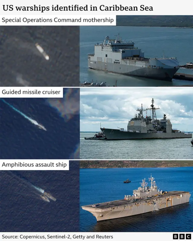 A BBC composite image showing, from top to bottom, a satellite image of A US Special Operations Command mothership, a guided missile cruiser and an amphibious assault ship
