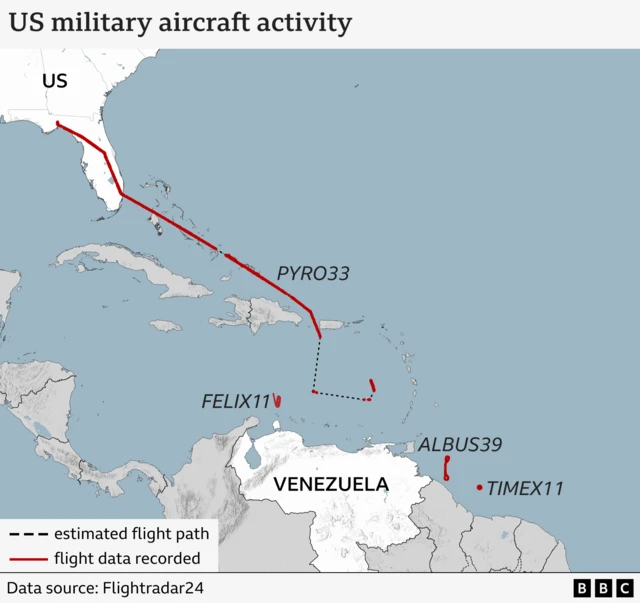 A map showing the US, Caribbean Sea and Venezuela. Four aircraft callsigns are located on the map showing where they were seen on flight tracking. From top we have PYRO33, then TIMEX11, ALBUS39 and FELIX11