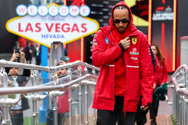 Lewis Hamilton arrives at the Las Vegas Grand Prix on Friday
