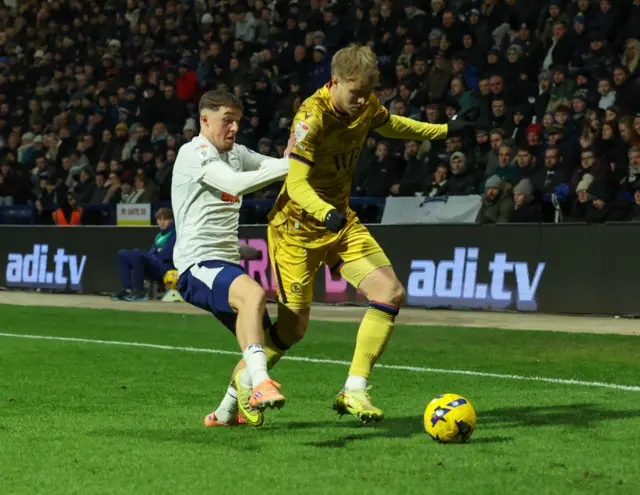 Blackburn Rovers' Andri Gudjohnsen is tackled by Preston North End's Alfie Devine