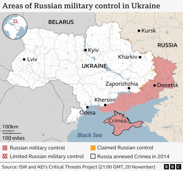 A map showing the areas of Russian military control. Donetsk and Crimea are both marked red to show that they are under Russian control.