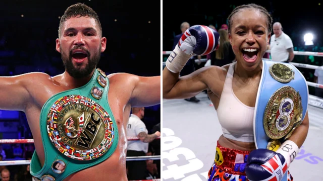 Tony Bellew wearing the WBC cruiserweight title on his chest and Natasha Jonas holding the IBF welterweight title