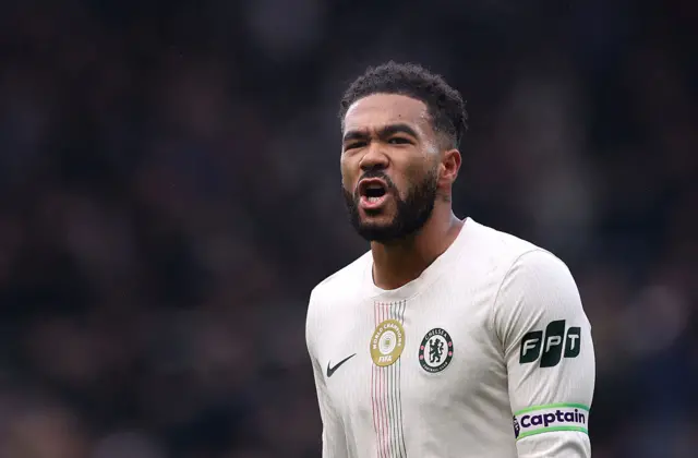 Reece James of Chelsea reacts during the Premier League match between Burnley and Chelsea at Turf Moor on November 22, 2025 in Burnley, England.