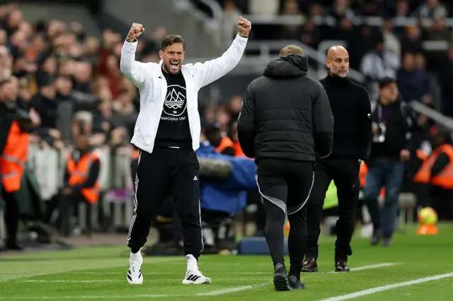 Jason Tindall and Eddie Howe celebrate win over Man City at St James PArk