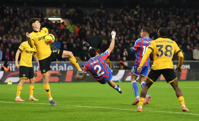 Wolverhampton Wanderers' Ladislav Krejci blocks the shot from Crystal Palace's Daniel Munoz